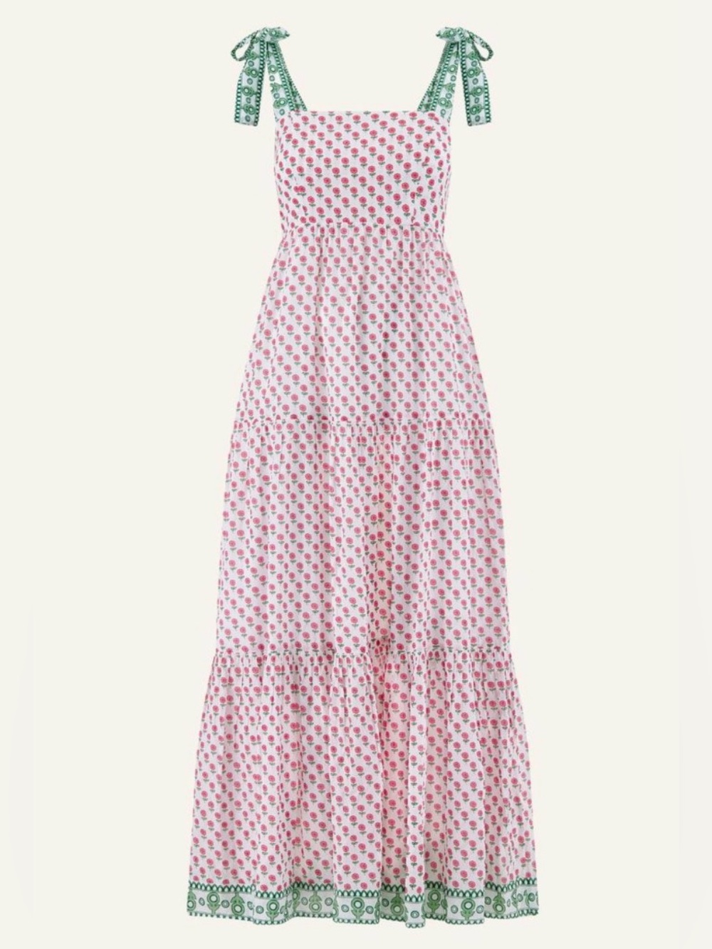 🩷 Pink and Green Tiered Floral Smocked Maxi Dress with Tie Straps size Medium